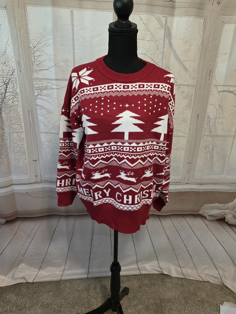 Festive Red Christmas Sweater with White Tree Pattern